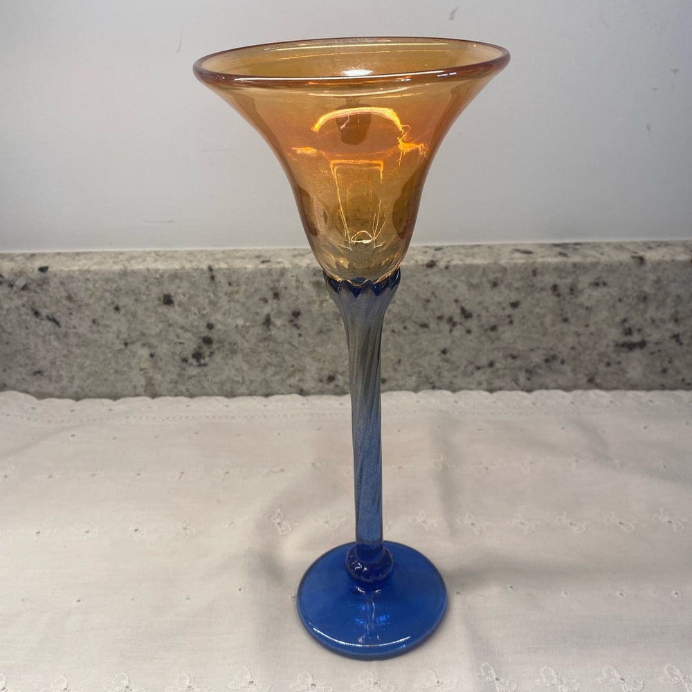 Rick Strini Hand Blown Art Glass. Cobalt and Orange Luster. 9.5” Tall. Signed.